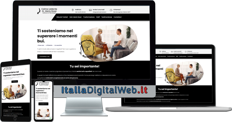 Sito web ottimizzato responsive su tutti i dispositivi per una attività di Psicologo Screenshot della homepage del sito web di uno psicologo su dispositivi multipli.
