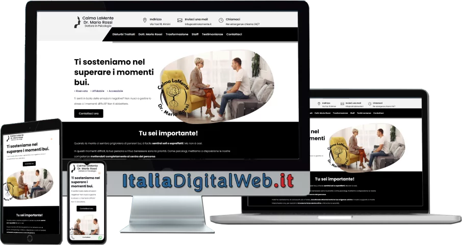 Sito web ottimizzato responsive su tutti i dispositivi per una attività di Psicologo Screenshot della homepage del sito web di uno psicologo su dispositivi multipli.