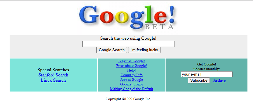 Interfaccia di Google nelle sue prime versioni pubbliche 1999 utilizzata a scopo storico illustrativo