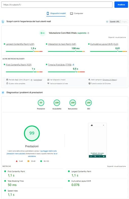 Pagespeed con CWV e tutto OK